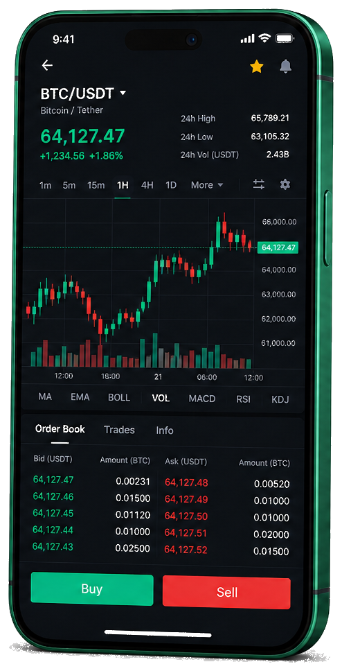Interface mobile de trading Boussole Fondoire — cotations BTC/USDT en temps réel, carnet d’ordres et outils de suivi des opérations